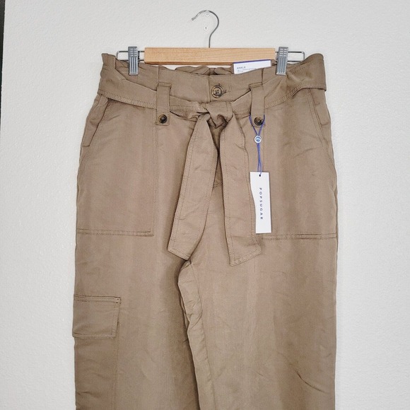 NWT Popsugar Women's Brown High‎ Rise Tie Waist Tapered Ankle Pants. Size M - Picture 2 of 9